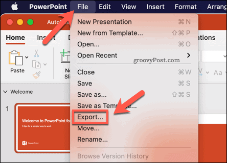 تصدير عرض PowerPoint تقديمي كفيديو على Mac