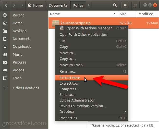 استخراج ملف الخط في Nautilus في Ubuntu