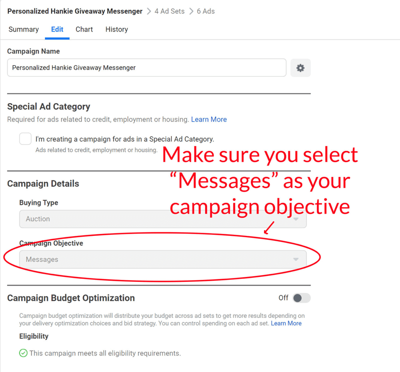 برنامج facebook messenger ad set up step 6