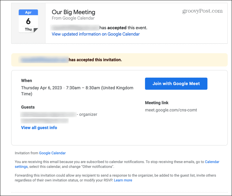 Gmail لقطة شاشة استجابة البريد الإلكتروني للاجتماع