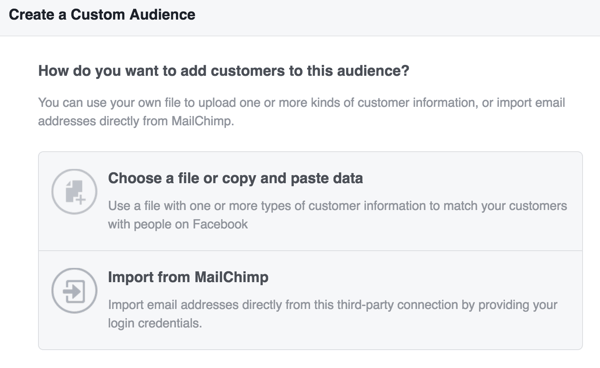 اختر كيف تريد تحميل معلومات العملاء لإنشاء جمهورك المخصص على Facebook.
