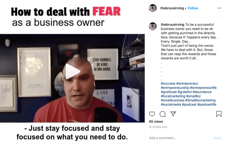 منشور بروس إيرفينغ على Instagram حول كيفية التعامل مع الخوف بصفتك صاحب عمل