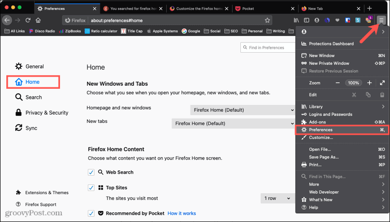 الصفحة الرئيسية لتفضيلات Firefox على نظام Mac