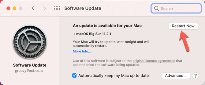 إعادة تشغيل جهاز Mac لبدء تحديث النظام