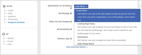اختر Link Clicks من القائمة المنسدلة Optimization for Ad Delivery عند إعداد إعلانك على Facebook.