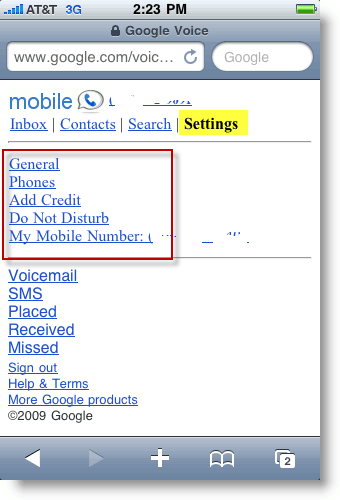 إعدادات Google Voice Mobile