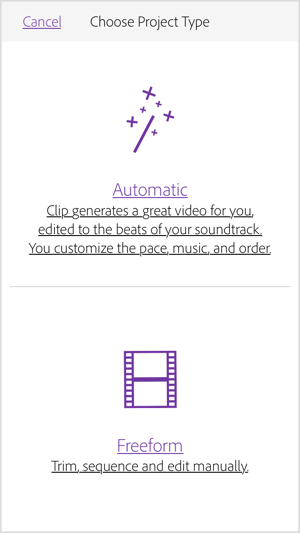 حدد تلقائي لجعل Adobe Premiere Clip يقوم بإنشاء فيديو لك.