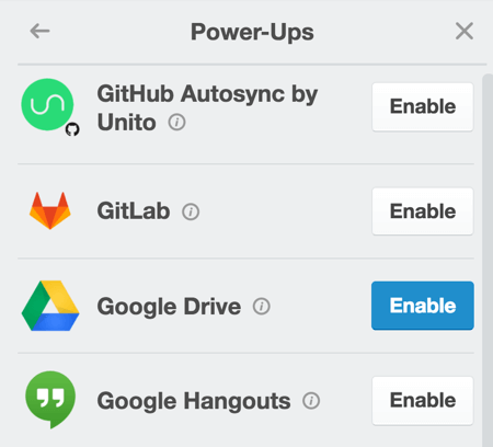 قم بتمكين Google Drive power-up لإرفاق محتوى من مستند Google مباشرة على البطاقة.