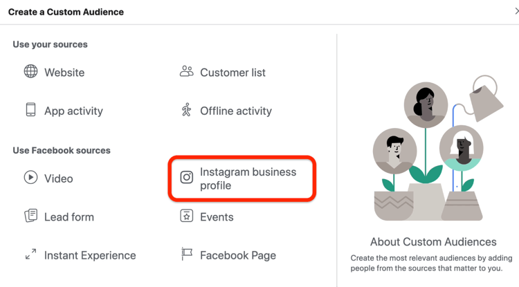 تم تحديد خيار Instagram Business Profile في مربع الحوار Create a Custom Audience