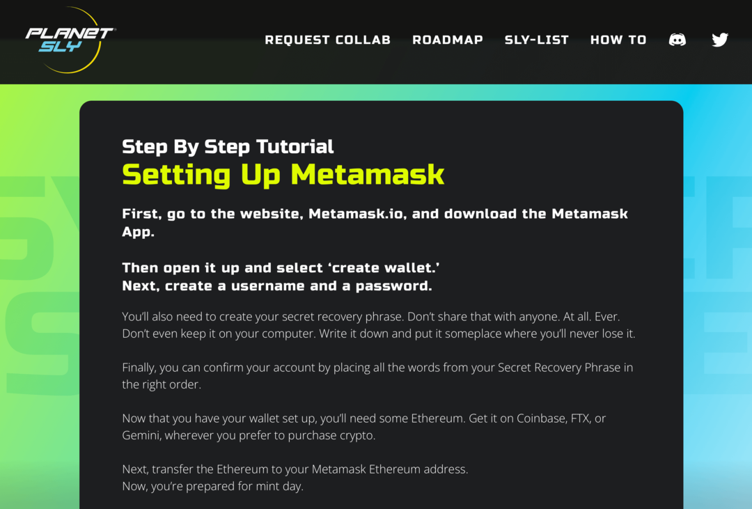 صورة البرنامج التعليمي Metamask على موقع PlanetSLY