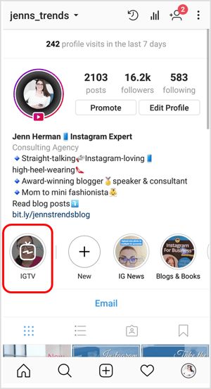 رمز IGTV في ملف تعريف Instagram