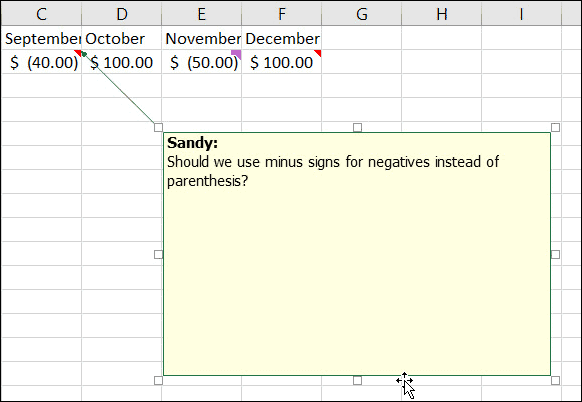 تغيير حجم الملاحظات أو نقلها في Excel