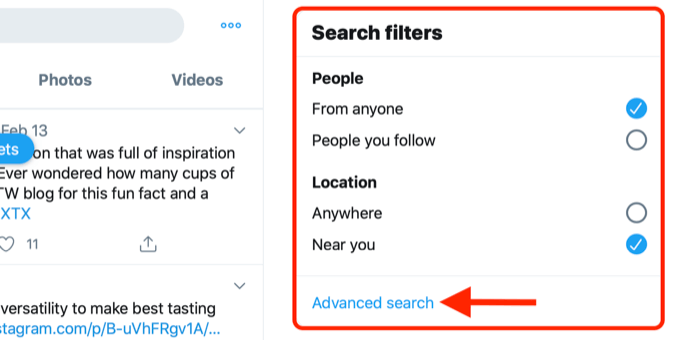 لقطة شاشة تعرض رابط البحث المتقدم في مربع مرشحات بحث تويتر