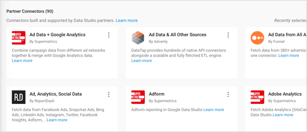 يقدم Google Data Studio موصلات الشركاء التي تم إنشاؤها بواسطة شركاء خارجيين.