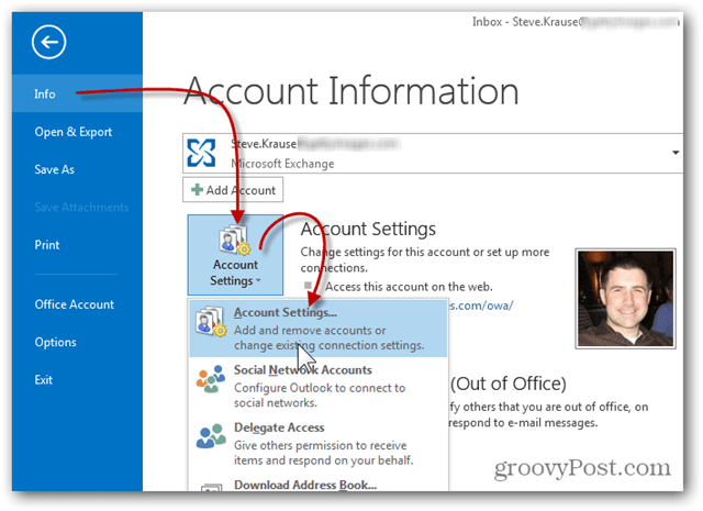 إضافة صندوق بريد Outlook 2013 - انقر فوق إعدادات حساب المعلومات