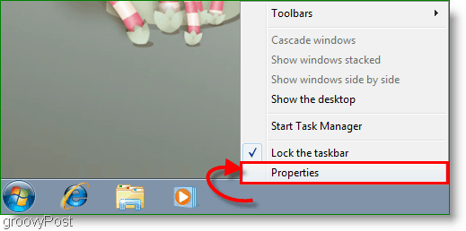 خصائص Windows 7 من لقطة شاشة شريط المهام