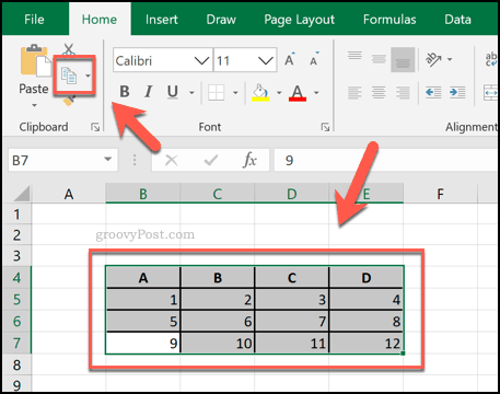 نسخ الخلايا من Excel كجدول