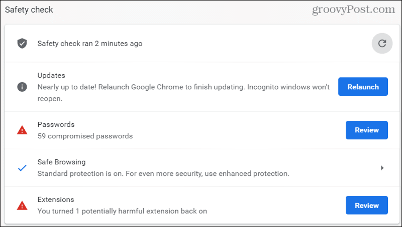نتائج فحص أمان Chrome