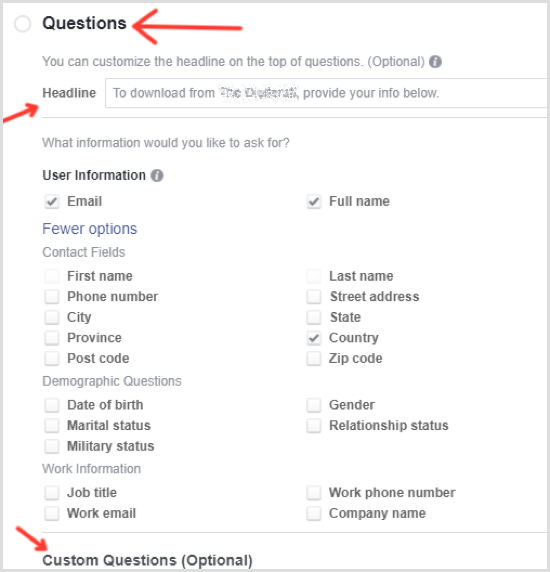 أسئلة تحديد إعلان يؤدي Facebook