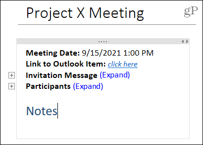 تفاصيل الاجتماع في OneNote لسطح المكتب