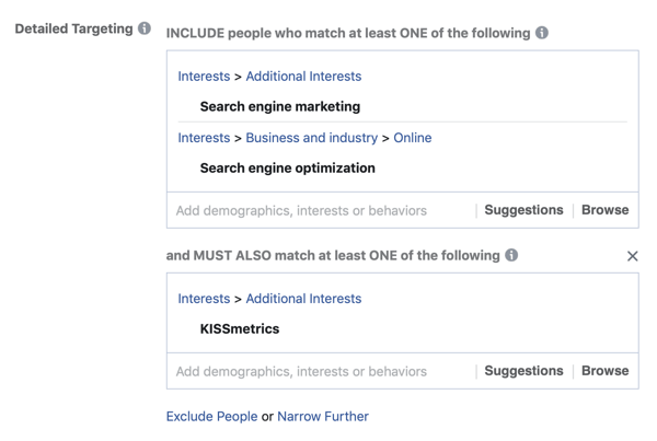 مثال على دمج نتائجك في اهتمامات جمهور إعلانات Facebook باستخدام حقل "يجب أيضًا المطابقة".