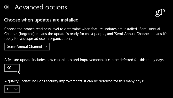حدد تأخير تحديث الميزة لنظام التشغيل Windows 10