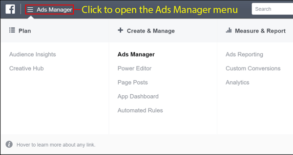 افتح قائمة Facebook Ads Manager بعد إنشاء حسابك.