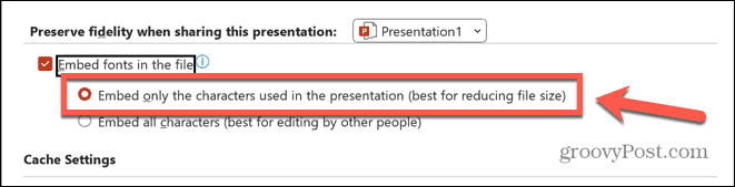 تضمين PowerPoint الأحرف المستخدمة فقط