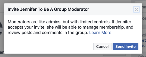 كيفية تحسين مجتمع مجموعة Facebook الخاص بك ، مثال على رسالة Facebook عند اختيار عضو ليكون مشرف مجموعة