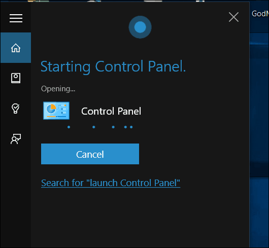 لوحة تحكم Windows 10 Cortana Open