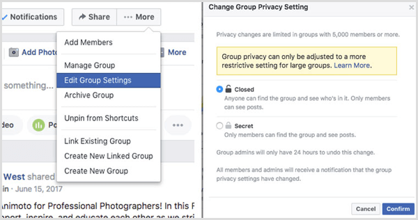 تغيير مجموعة الفيسبوك إعداد الخصوصية