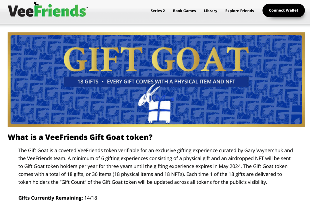 صورة لمزايا رمز VeeFriends Gift Goat على موقع VeeFriends الإلكتروني