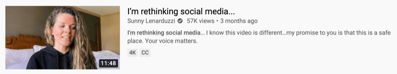 مثال على فيديو youtube بواسطةsunnylenarduzzi لـ "أنا أعيد التفكير في وسائل التواصل الاجتماعي ..."