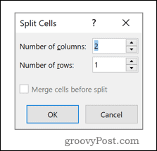 قائمة خيار Word Split Cells