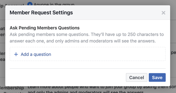 كيفية تحسين مجتمع مجموعة Facebook ، مثال على إعدادات طلب أعضاء مجموعة Facebook التي تسمح بأسئلة الأعضاء الجدد
