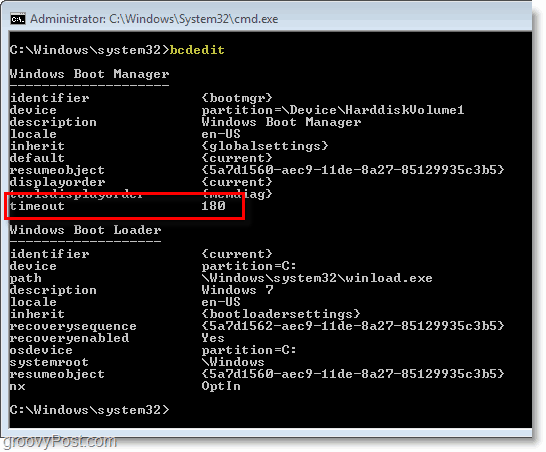 لقطة شاشة لنظام التشغيل Windows 7 - التحقق من إعدادات bcdedit