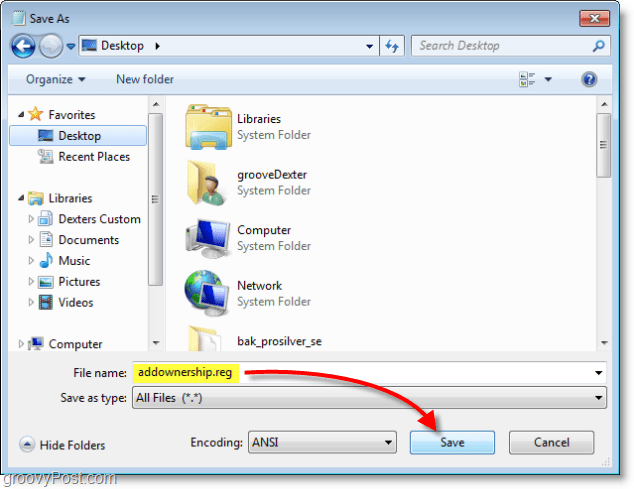 لقطة شاشة لنظام التشغيل Windows 7 - احفظ باسم addownership.reg