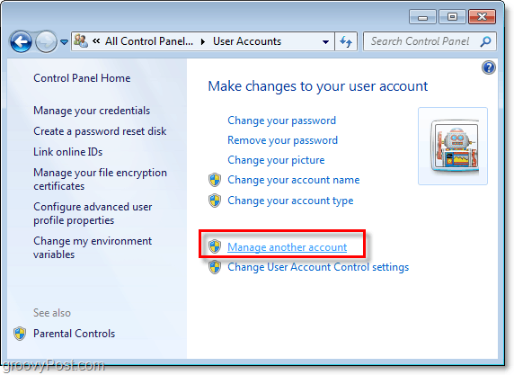انقر فوق إدارة حساب آخر من صفحة حساب مستخدم Windows 7 الخاص بك
