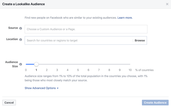 خيار إنشاء جمهور مشابه 1٪ لإعلاناتك على Facebook.