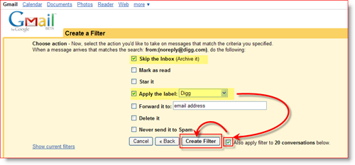 إنشاء قواعد إجراءات تصفية GMail