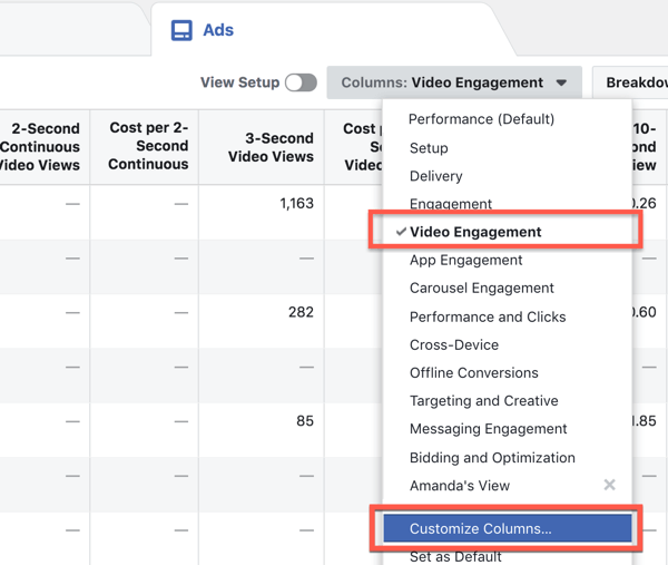 تخصيص أعمدة التقارير في Facebook Ads Manager.