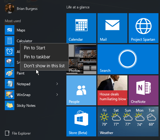 قائمة ابدأ في Windows 10