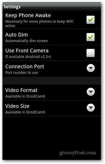 إعدادات تطبيق DroidCam Android