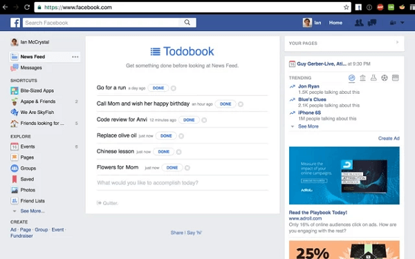 يقوم Todobook بحظر موجز الأخبار على Facebook حتى تنجز أولوياتك لهذا اليوم.