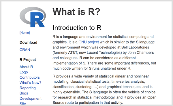 قم ببناء أدوات التحليلات التنبؤية الخاصة بك باستخدام لغة البرمجة R. لقطة شاشة لصفحة الويب الخاصة بمقدمة R. 