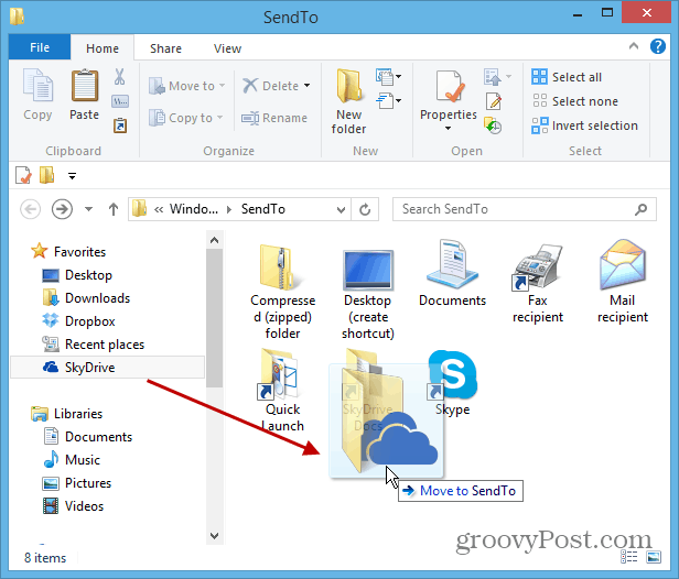 أضف SkyDrive إلى Windows انقر بزر الماوس الأيمن على "إرسال إلى القائمة"