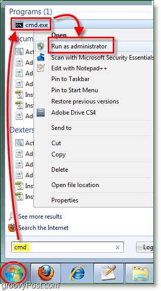 لقطة شاشة Windows 7 - تشغيل cmd كمسؤول
