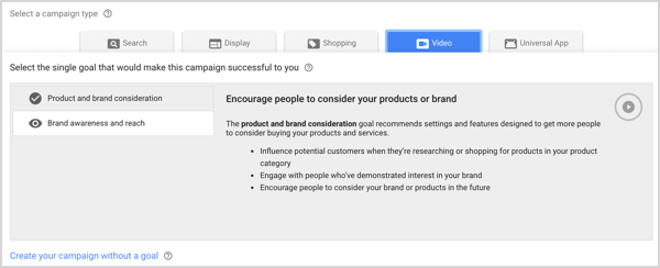 نوع الحملة "الوعي بالعلامة التجارية ومدى الوصول" في Google AdWords.
