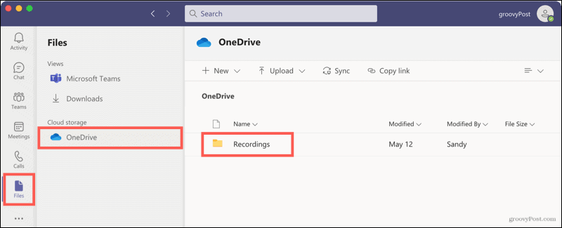 الملفات و OneDrive والتسجيلات في Teams