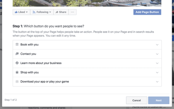 الخطوة 1 لإنشاء زر دعوة إلى العمل بصفحة أعمال Facebook.